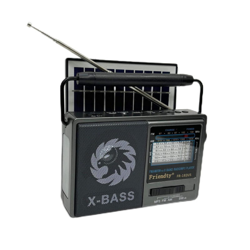 FR-182US Nešiojamas saulės energijos radijas su žibintuvėliu, daugiajuostis AM/FM/SW1-6, skaitmeninis nustatymas, MP3