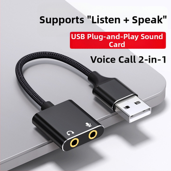 USB iki 3,5 mm išorinė garso plokštė adapteris – 2-in-1 garso kabelis, auksu dengti jungtys, vario laidai su tinine šerdimi