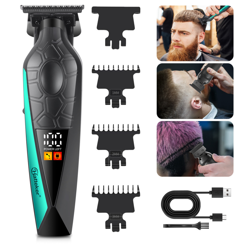 Hatteker aparat de tunsoare electric reîncărcabil cu afișaj LCD, lamă Zero-Gap din oțel inoxidabil, motor cu perii, baterie 1000–1200 mAh, zgomot redus