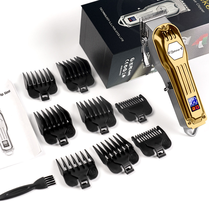 HATTEKER professzionális fodrász hajvágó gép szalonhoz beépített 500–800 mAh akkumulátorral, kefés motor, rozsdamentes acél vágófej, LCD kijelző