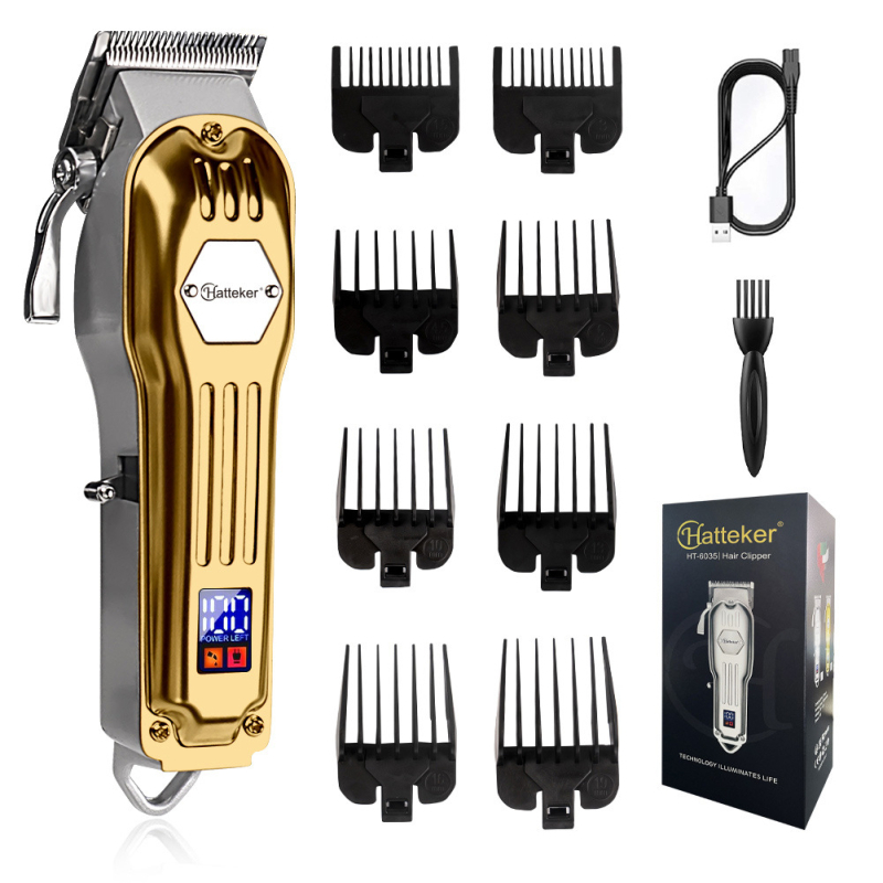 HATTEKER professzionális fodrász hajvágó gép szalonhoz beépített 500–800 mAh akkumulátorral, kefés motor, rozsdamentes acél vágófej, LCD kijelző