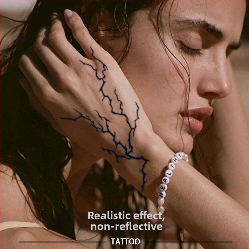 Pagaidu tetovējuma uzlīme uz plaukstas aizmugures ar reālistisku zibens rakstu, ūdensizturīga, pret skrāpējumiem, puspermanentā