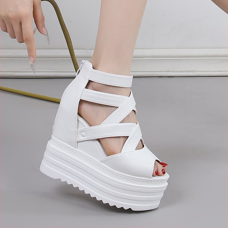 Platvormi-Rooma sandaalid lõigatud kujundusega, 13 cm klins, mikrofiiberpeal, tagant tõmblukk, TPR tald