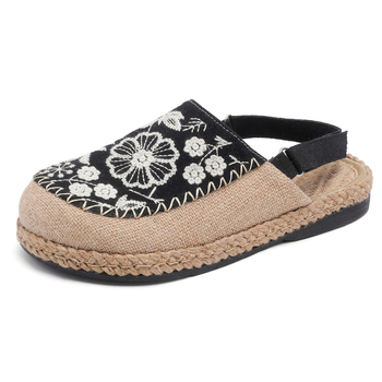 Rihmasandaalid linase ülemusega, õmmeldud lilled, etniline stiil, ümmargune varvas, puuvillane vooder