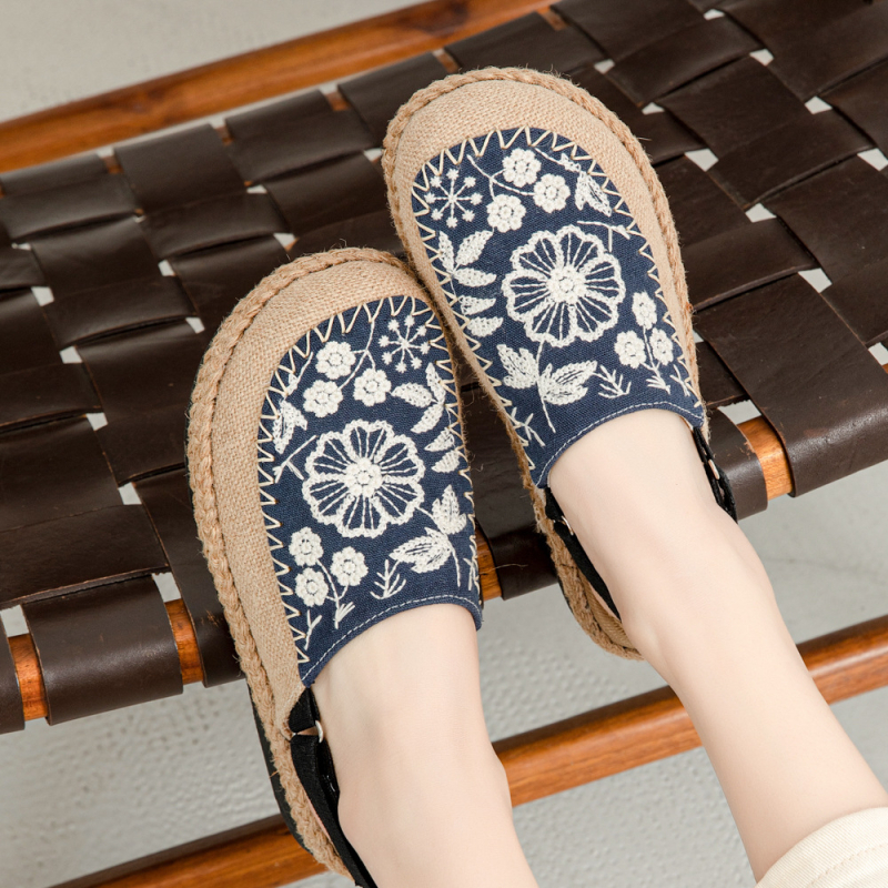 Rihmasandaalid linase ülemusega, õmmeldud lilled, etniline stiil, ümmargune varvas, puuvillane vooder