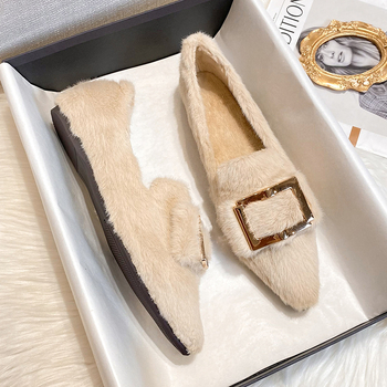 Pantofi femei cu vârf ascuțit, căptuțiți cu blană, talpă plată, pentru iarnă, exterior confortabil