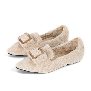 Pantofi femei cu vârf ascuțit, căptuțiți cu blană, talpă plată, pentru iarnă, exterior confortabil