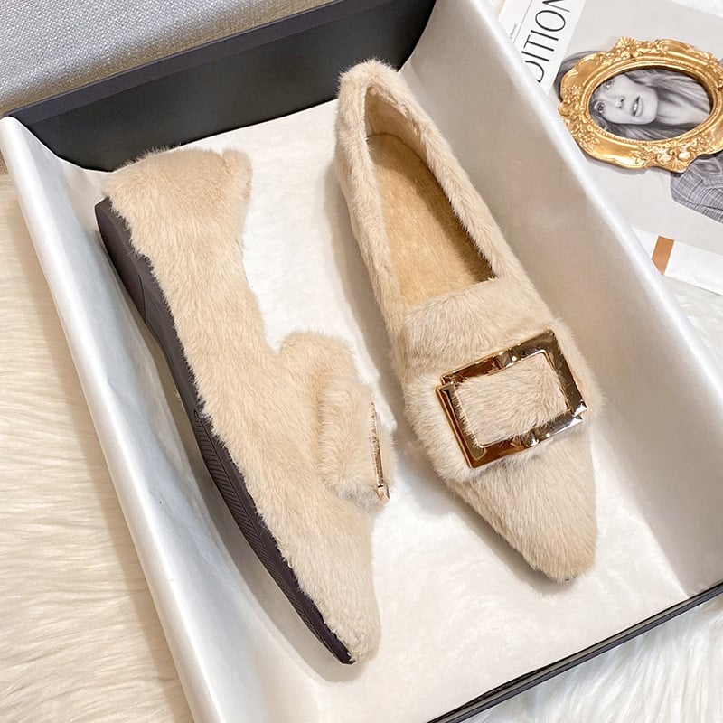 Pantofi femei cu vârf ascuțit, căptuțiți cu blană, talpă plată, pentru iarnă, exterior confortabil