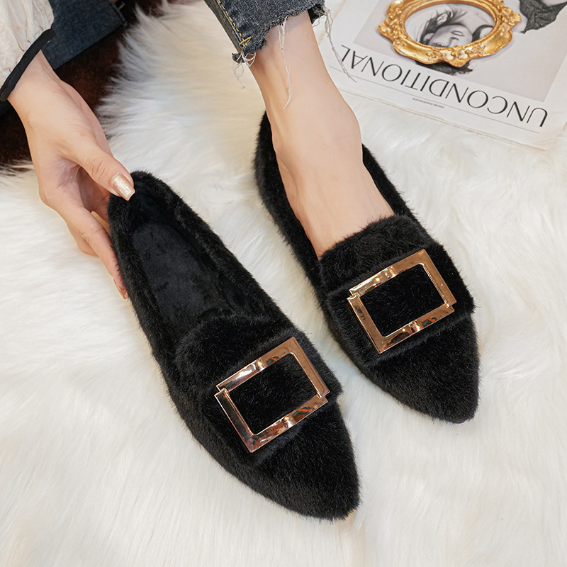 Pantofi femei cu vârf ascuțit, căptuțiți cu blană, talpă plată, pentru iarnă, exterior confortabil