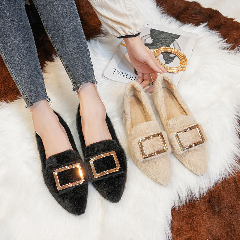Pantofi femei cu vârf ascuțit, căptuțiți cu blană, talpă plată, pentru iarnă, exterior confortabil