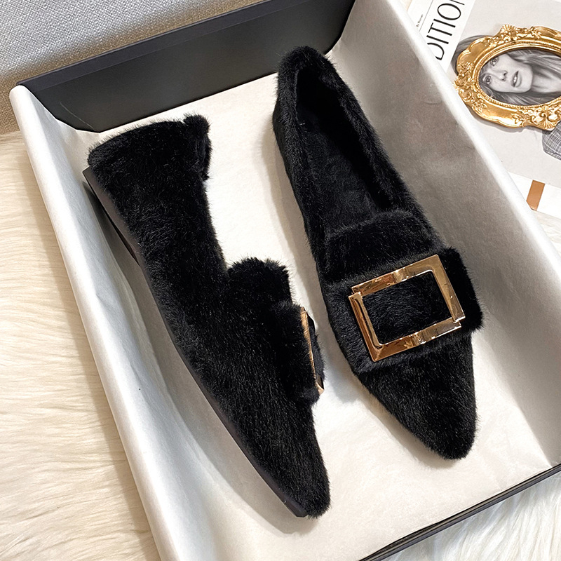 Pantofi femei cu vârf ascuțit, căptuțiți cu blană, talpă plată, pentru iarnă, exterior confortabil