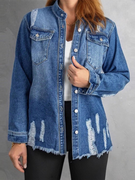 Sieviešu džinsa jaka, šaurs siluets, garas piedurknes, apkakle, pavasaris 2025