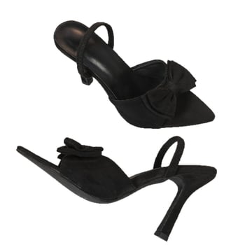 Γυναικεία σανδάλια από βελούρο με φιόγκο и κενό σχέδιο, μυτερό δάχτυλο, λεπτό τακούνι, κούμπωμα, ύψος τακουνιού άνω των 8 cm