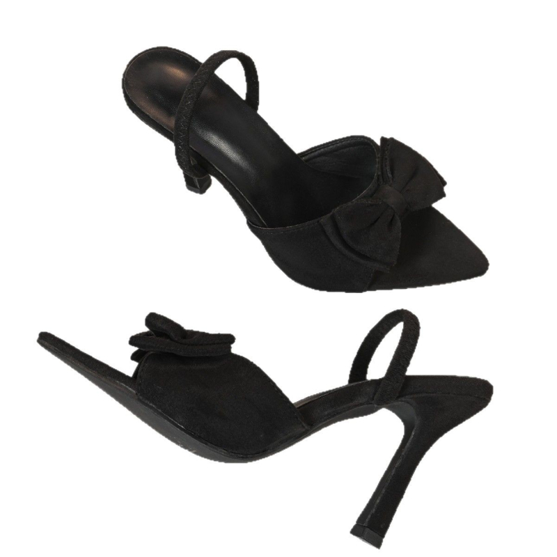 Γυναικεία σανδάλια από βελούρο με φιόγκο и κενό σχέδιο, μυτερό δάχτυλο, λεπτό τακούνι, κούμπωμα, ύψος τακουνιού άνω των 8 cm