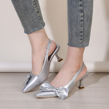 Sandale cu toc înalt, vârf ascuțit, PU partea superioară, talpă din cauciuc, înălțime toc 3–5 cm