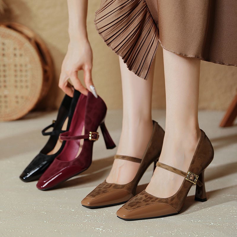 Pantofi Mary Jane cu toc înalt, vârf pătrat, toc subțire, închidere cu cataramă, branț PU