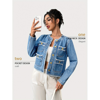 Moteriška džinsinė striukė – pavasaris-ruduo, ilgos rankovės, apykaklė su reveru, tiesus siluetas, neapdorota kraštinė