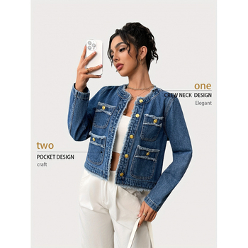 Moteriška džinsinė striukė – pavasaris-ruduo, ilgos rankovės, apykaklė su reveru, tiesus siluetas, neapdorota kraštinė