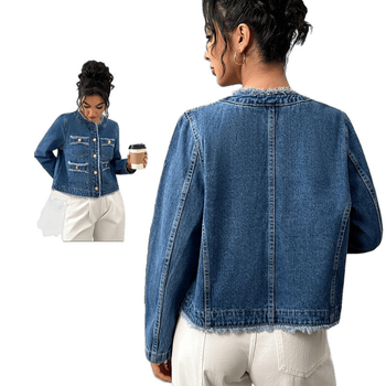 Moteriška džinsinė striukė – pavasaris-ruduo, ilgos rankovės, apykaklė su reveru, tiesus siluetas, neapdorota kraštinė