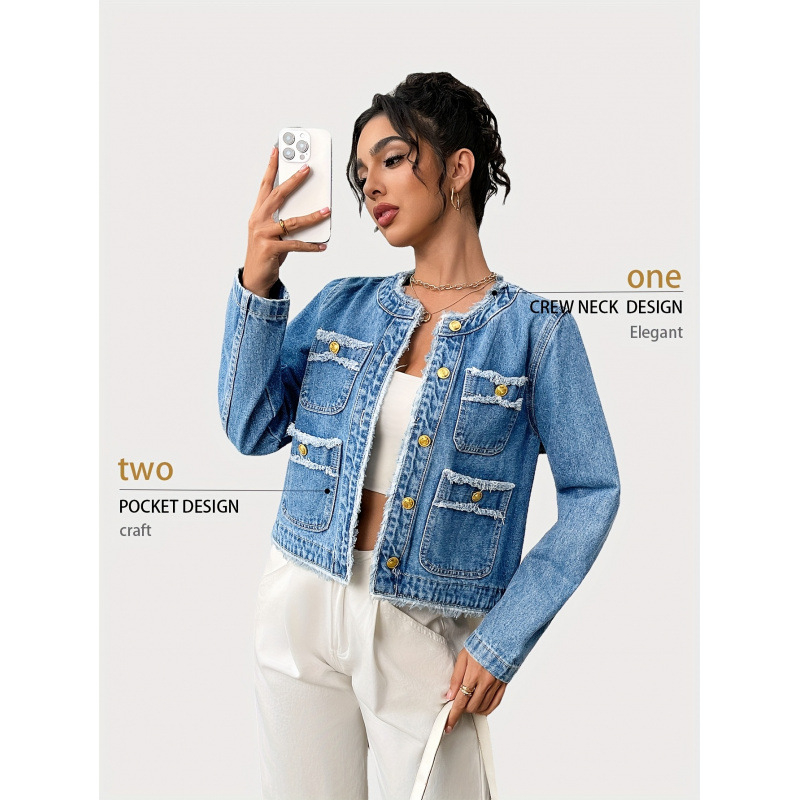 Moteriška džinsinė striukė – pavasaris-ruduo, ilgos rankovės, apykaklė su reveru, tiesus siluetas, neapdorota kraštinė