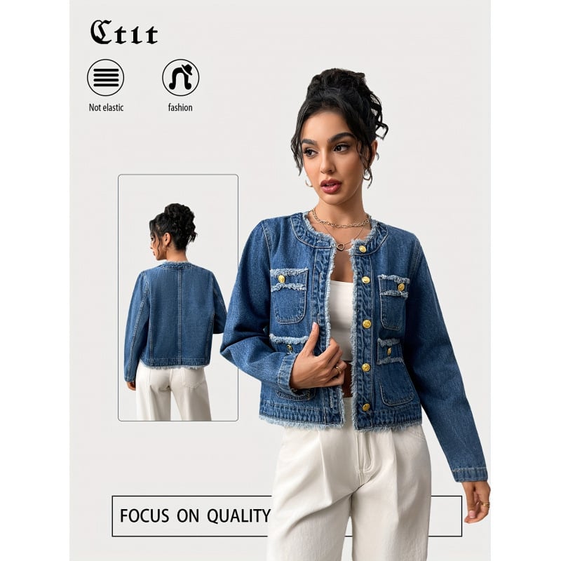 Moteriška džinsinė striukė – pavasaris-ruduo, ilgos rankovės, apykaklė su reveru, tiesus siluetas, neapdorota kraštinė