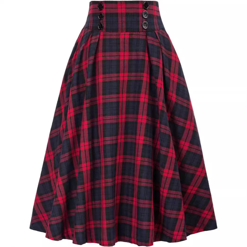 Női kockás plisz ét szoknya magas derekú, középméretű, poliészter anyag (90–95%), 2024 nyara