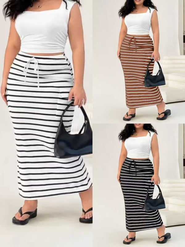 Fustă midi tricotată cu dungă, cu buzunare – Poliester/Spandex, vara 2025, stil casual japonez-coreean, plus size