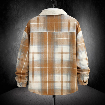 Pánska kockovaná bunda s golierom, úzky strih, jednoradové zapínanie na gombíky, hrubá látka