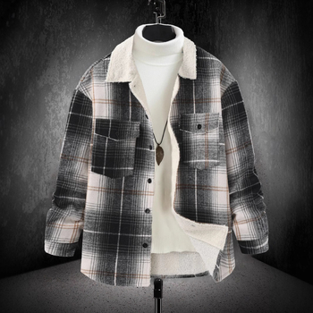 Pánska kockovaná bunda s golierom, úzky strih, jednoradové zapínanie na gombíky, hrubá látka