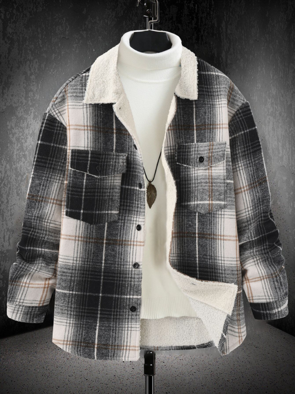 Pánska kockovaná bunda s golierom, úzky strih, jednoradové zapínanie na gombíky, hrubá látka