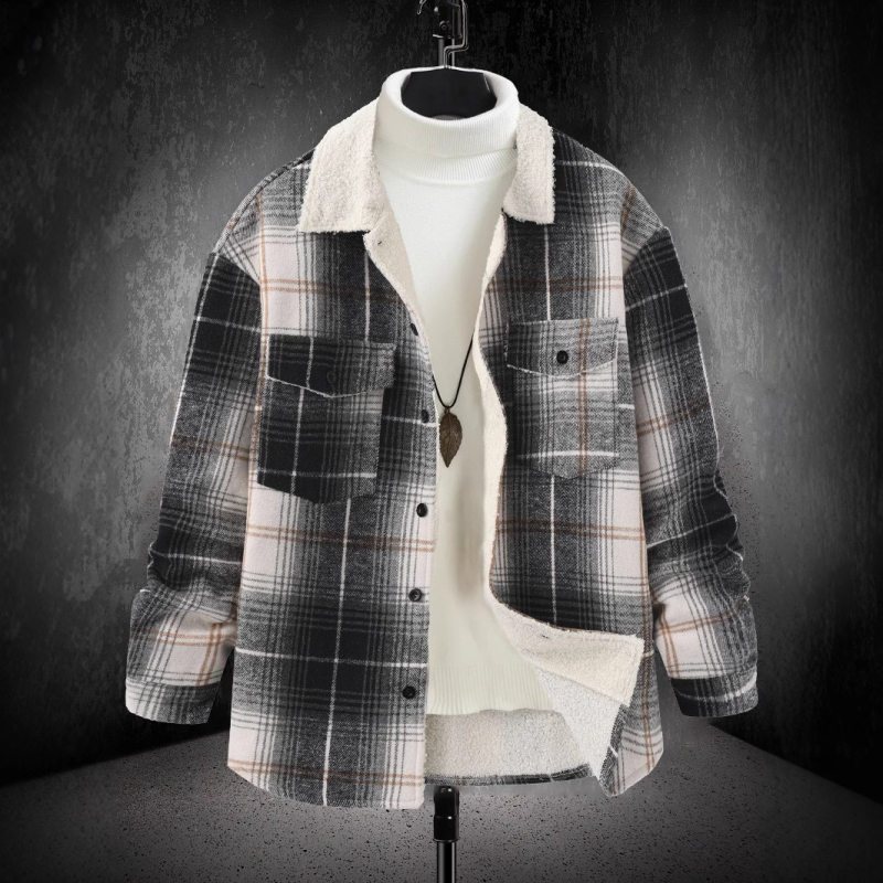 Pánska kockovaná bunda s golierom, úzky strih, jednoradové zapínanie na gombíky, hrubá látka