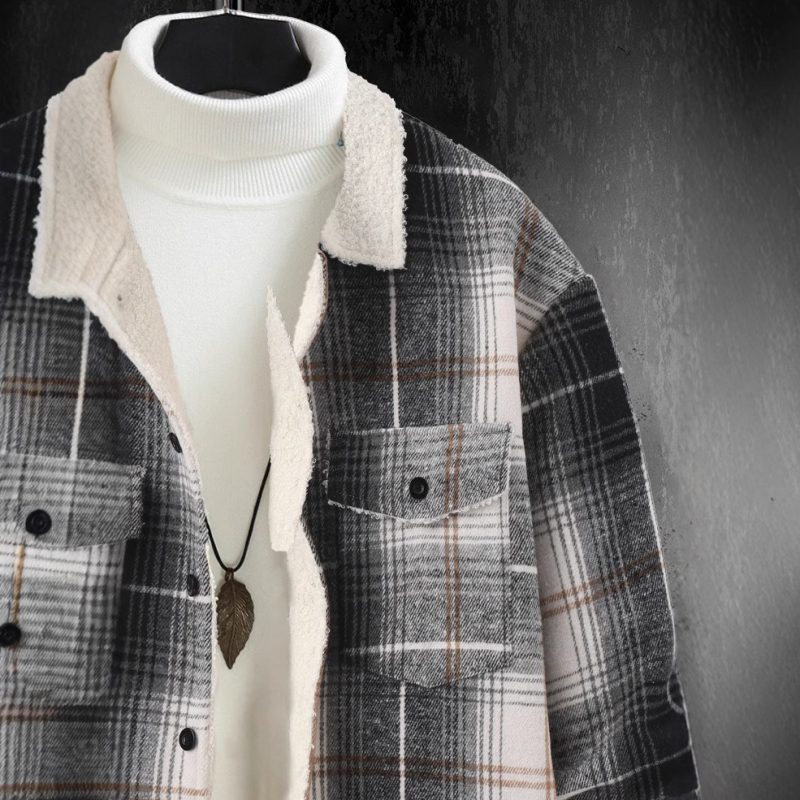 Pánska kockovaná bunda s golierom, úzky strih, jednoradové zapínanie na gombíky, hrubá látka