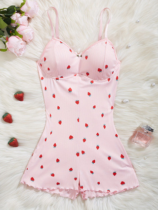 Jednodielny domáci odev s ramienkami, jacquardový potlač so jahodami, polyester, štýl Siamský/Francúzsky, okrúhly výstrih, bez rukávov, hmotnosť tkaniva 181–200 g/m2