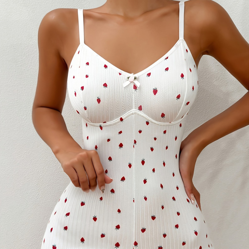 Jednodielny domáci odev s ramienkami, jacquardový potlač so jahodami, polyester, štýl Siamský/Francúzsky, okrúhly výstrih, bez rukávov, hmotnosť tkaniva 181–200 g/m2