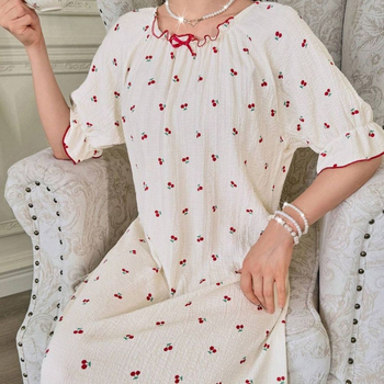 Nočná šaty s mašľou v princeznom štýle pre ženy, polyester, okrúhly výstrih, 3/4 rukávy, dlhý strih