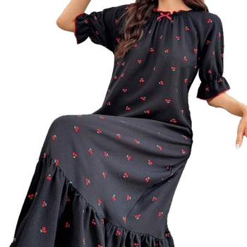 Nočná šaty s mašľou v princeznom štýle pre ženy, polyester, okrúhly výstrih, 3/4 rukávy, dlhý strih