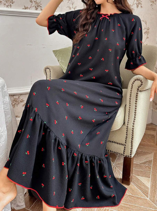 Nočná šaty s mašľou v princeznom štýle pre ženy, polyester, okrúhly výstrih, 3/4 rukávy, dlhý strih