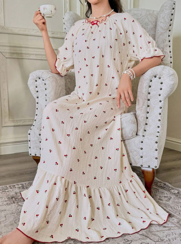 Nočná šaty s mašľou v princeznom štýle pre ženy, polyester, okrúhly výstrih, 3/4 rukávy, dlhý strih