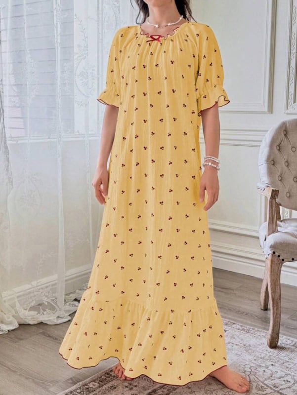 Nočná šaty s mašľou v princeznom štýle pre ženy, polyester, okrúhly výstrih, 3/4 rukávy, dlhý strih