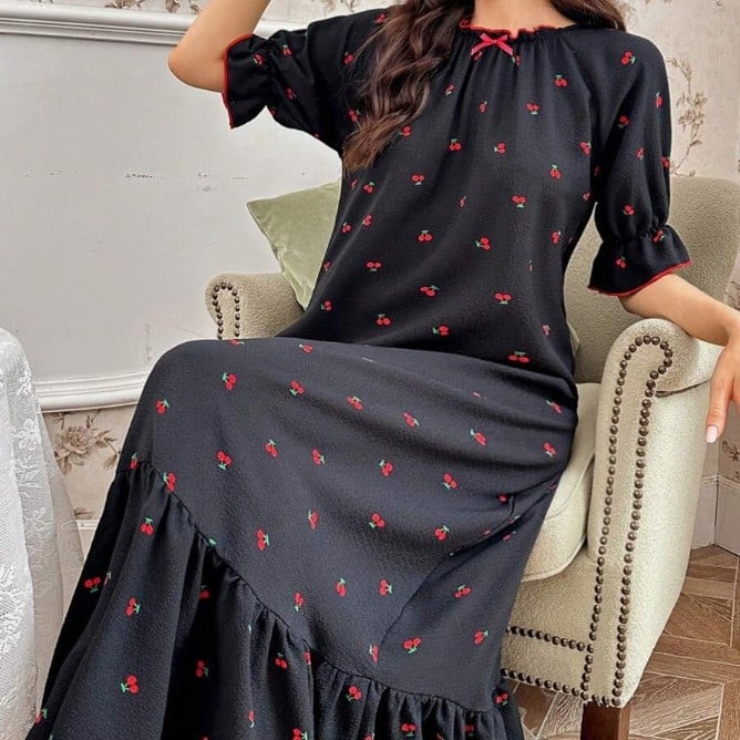 Nočná šaty s mašľou v princeznom štýle pre ženy, polyester, okrúhly výstrih, 3/4 rukávy, dlhý strih