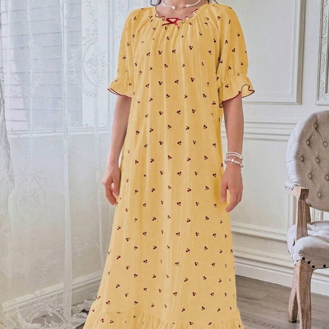 Nočná šaty s mašľou v princeznom štýle pre ženy, polyester, okrúhly výstrih, 3/4 rukávy, dlhý strih