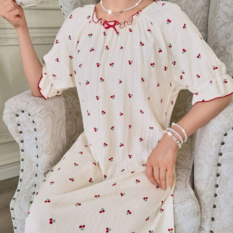 Nočná šaty s mašľou v princeznom štýle pre ženy, polyester, okrúhly výstrih, 3/4 rukávy, dlhý strih