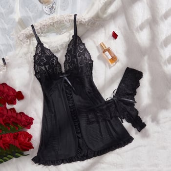 Set nočného prádla s čipkou a V-krkom – sieťovaný materiál, čiastočne priehľadný, polyester, ultra tenká sieťovina 81–100 g/m², bez rukávov