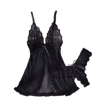 Set nočného prádla s čipkou a V-krkom – sieťovaný materiál, čiastočne priehľadný, polyester, ultra tenká sieťovina 81–100 g/m², bez rukávov