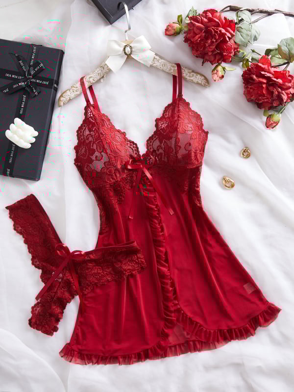 Set nočného prádla s čipkou a V-krkom – sieťovaný materiál, čiastočne priehľadný, polyester, ultra tenká sieťovina 81–100 g/m², bez rukávov