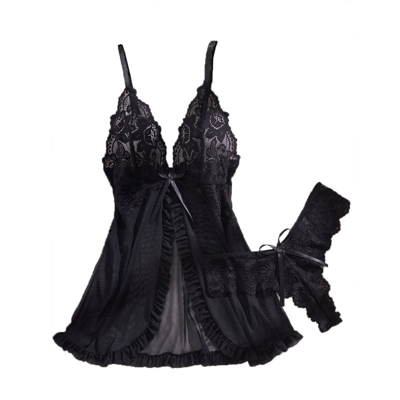 Set nočného prádla s čipkou a V-krkom – sieťovaný materiál, čiastočne priehľadný, polyester, ultra tenká sieťovina 81–100 g/m², bez rukávov