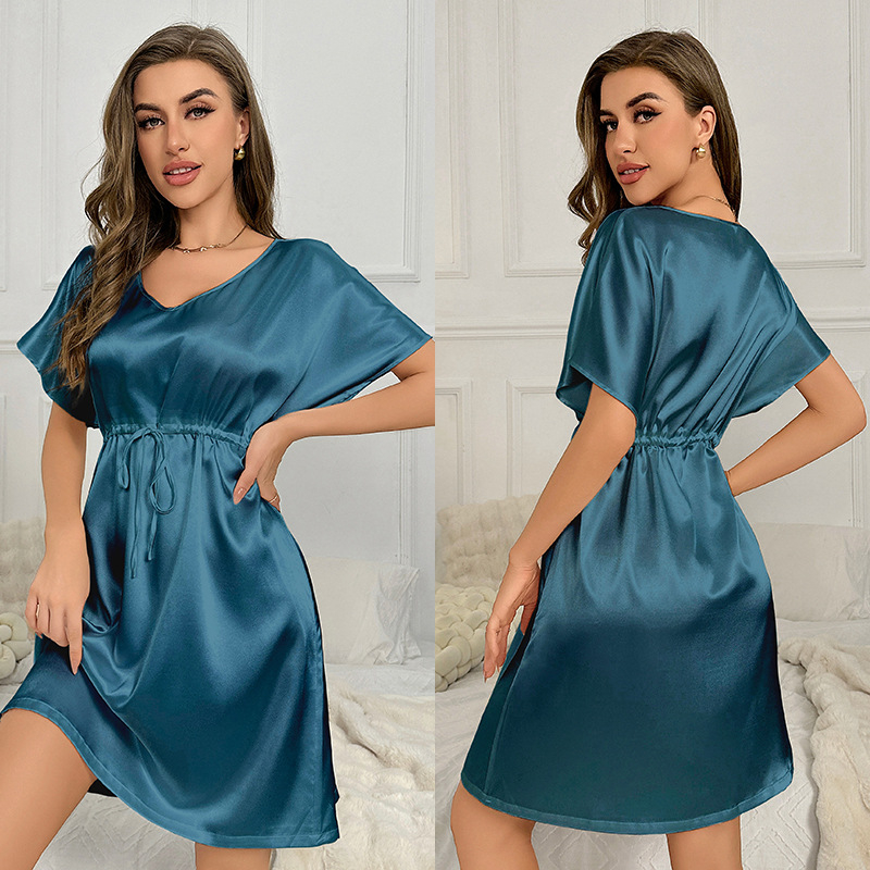 Ženska noćna haljina za spavanje od umjetne svile (ice silk), ultra tanke, V-izrez, rukavi 3/4, dugačka, poliester 95–100%
