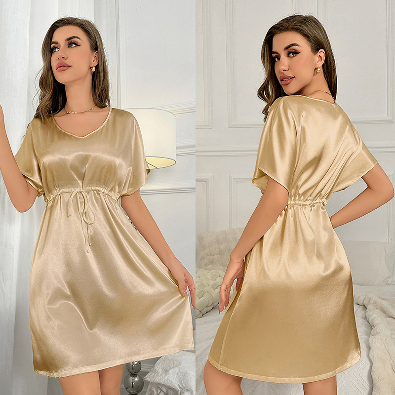 Ženska noćna haljina za spavanje od umjetne svile (ice silk), ultra tanke, V-izrez, rukavi 3/4, dugačka, poliester 95–100%