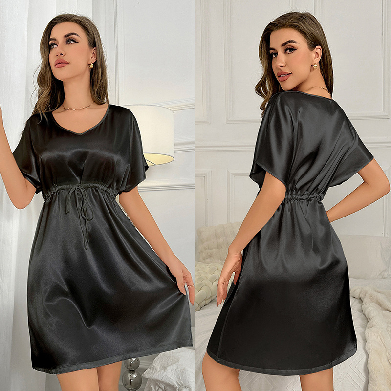 Ženska noćna haljina za spavanje od umjetne svile (ice silk), ultra tanke, V-izrez, rukavi 3/4, dugačka, poliester 95–100%