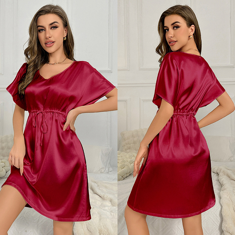 Ženska noćna haljina za spavanje od umjetne svile (ice silk), ultra tanke, V-izrez, rukavi 3/4, dugačka, poliester 95–100%